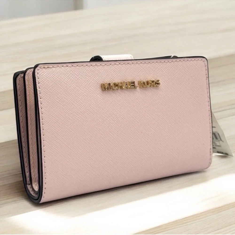 Michael Kors Medium Jet Set Travel Zip Chain Bifold Wallet Leather Powder Blush